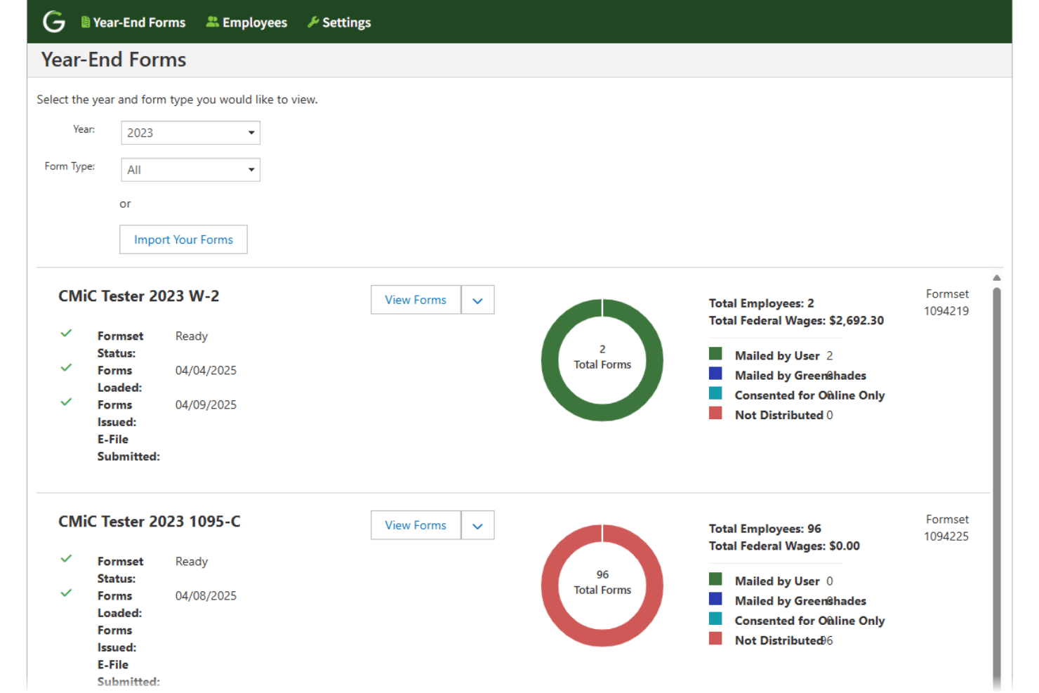 Greenshades Year-End Forms dashboard showing W-2 and 1095-C form distribution status.