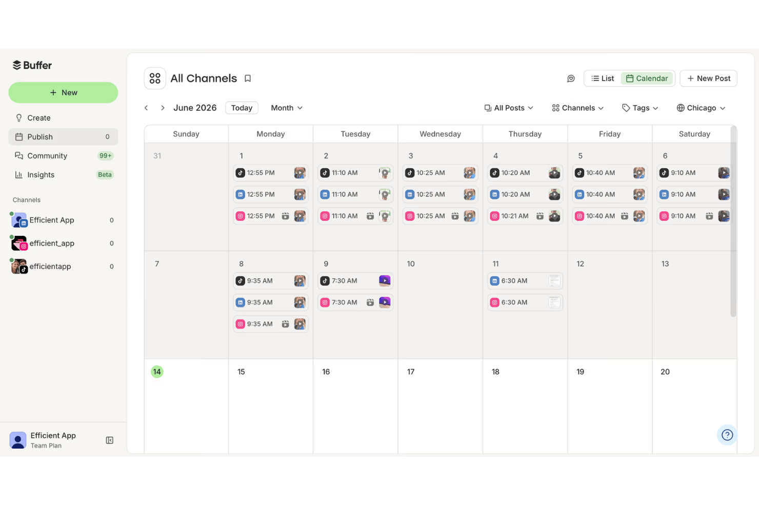 Buffer social media calendar showing scheduled posts across multiple channels in June 2026.