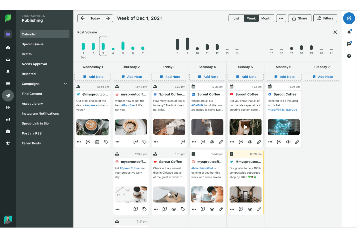 Sprout Social weekly publishing calendar showing scheduled social media posts for Dec 1–7, 2021.