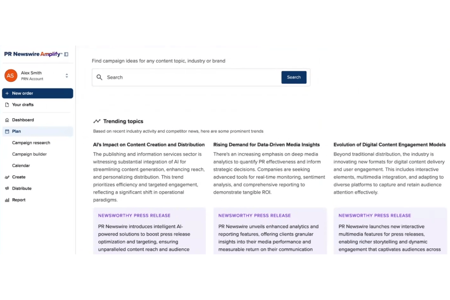 PR Newswire Amplify dashboard showing trending topics and newsworthy press release suggestions.