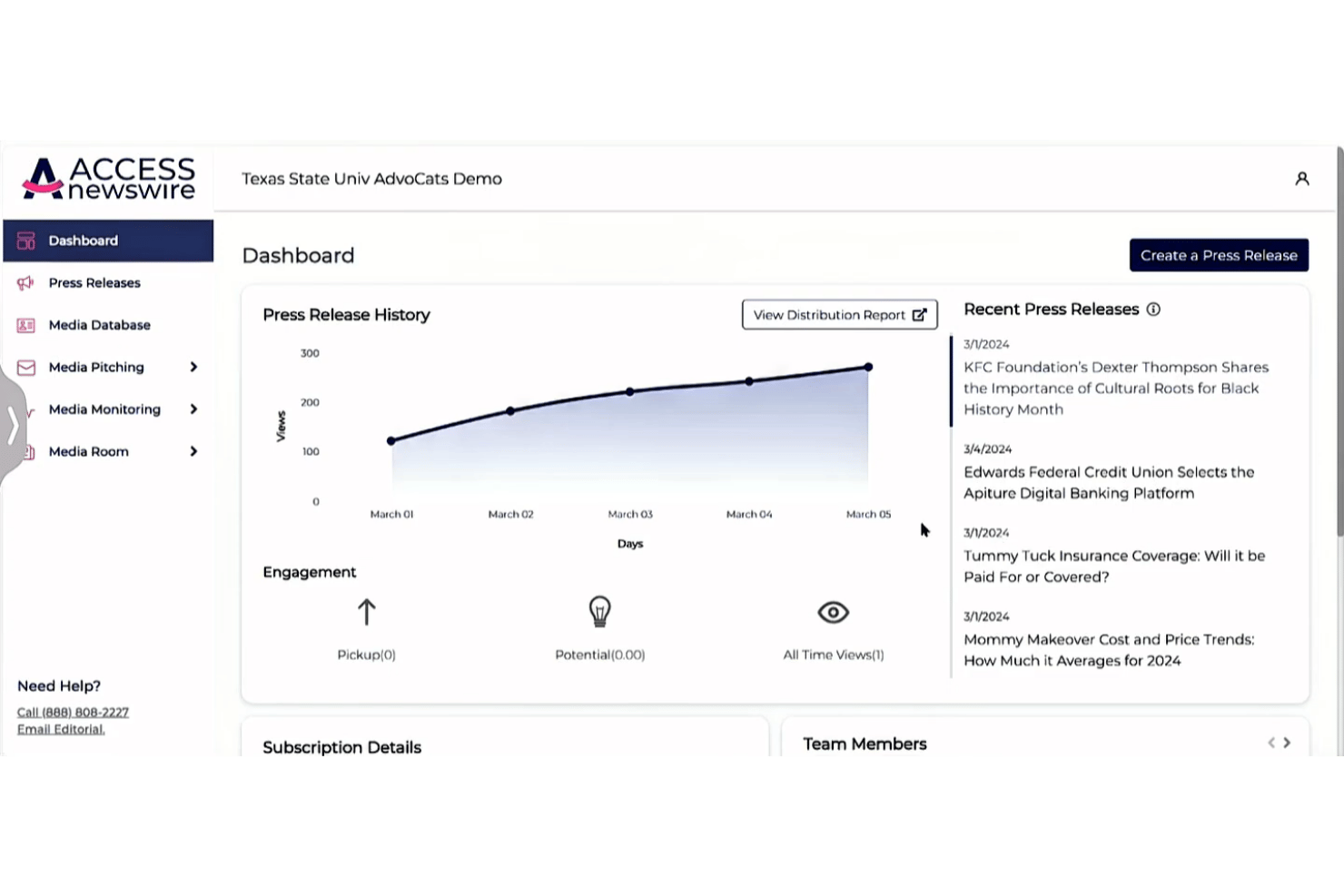 ACCESS Newswire dashboard showing press release history chart and recent releases list.