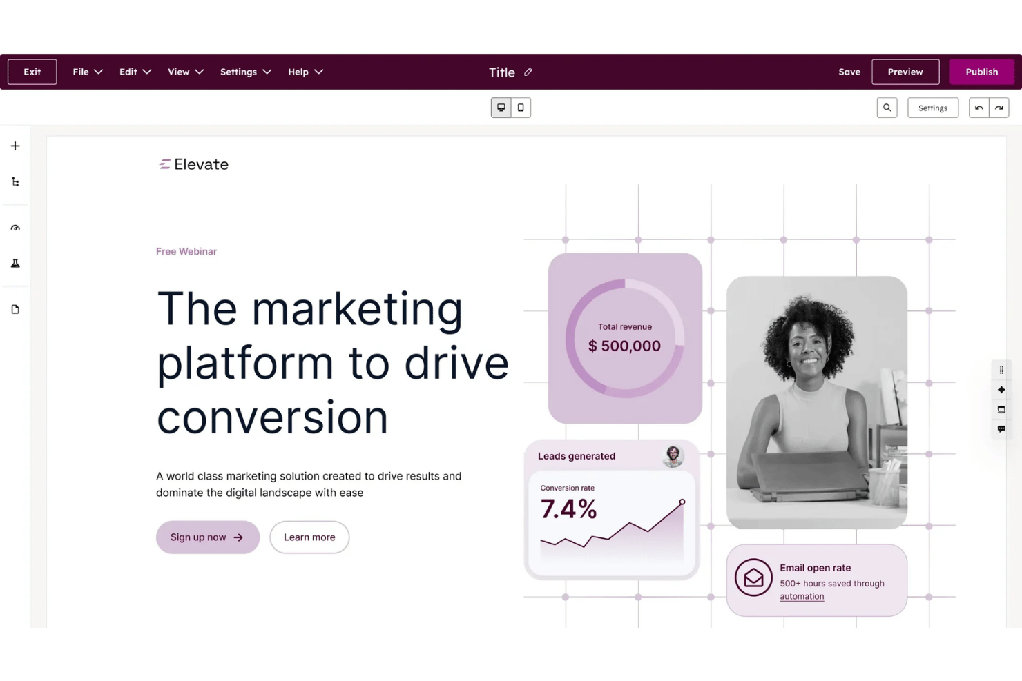 Website builder interface showing a marketing landing page with conversion stats.