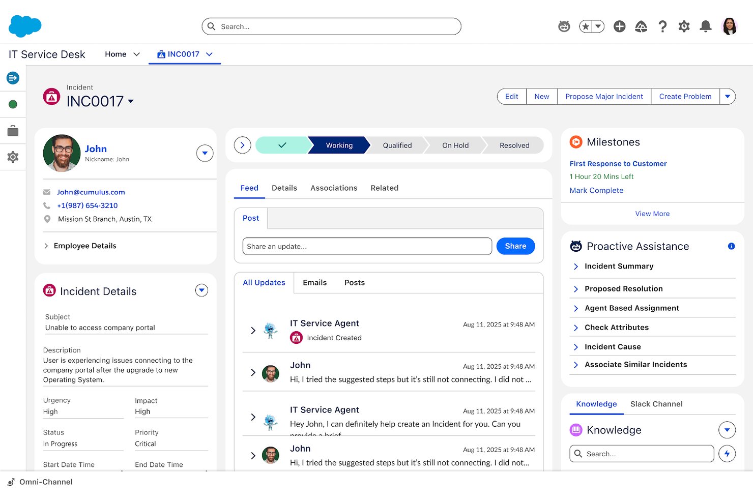 Salesforcen IT-palvelupisteen häiriölippu, jossa näkyy tekoälyn ennakoivan avun paneeli.