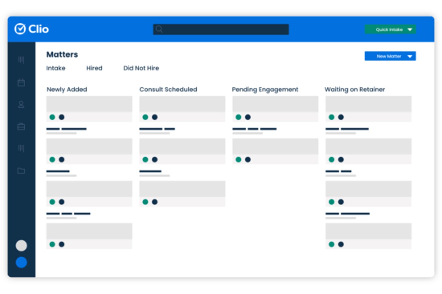 Akte-Pipeline-Board von Clio Grow mit vier Phasen und Mandantenkarten.