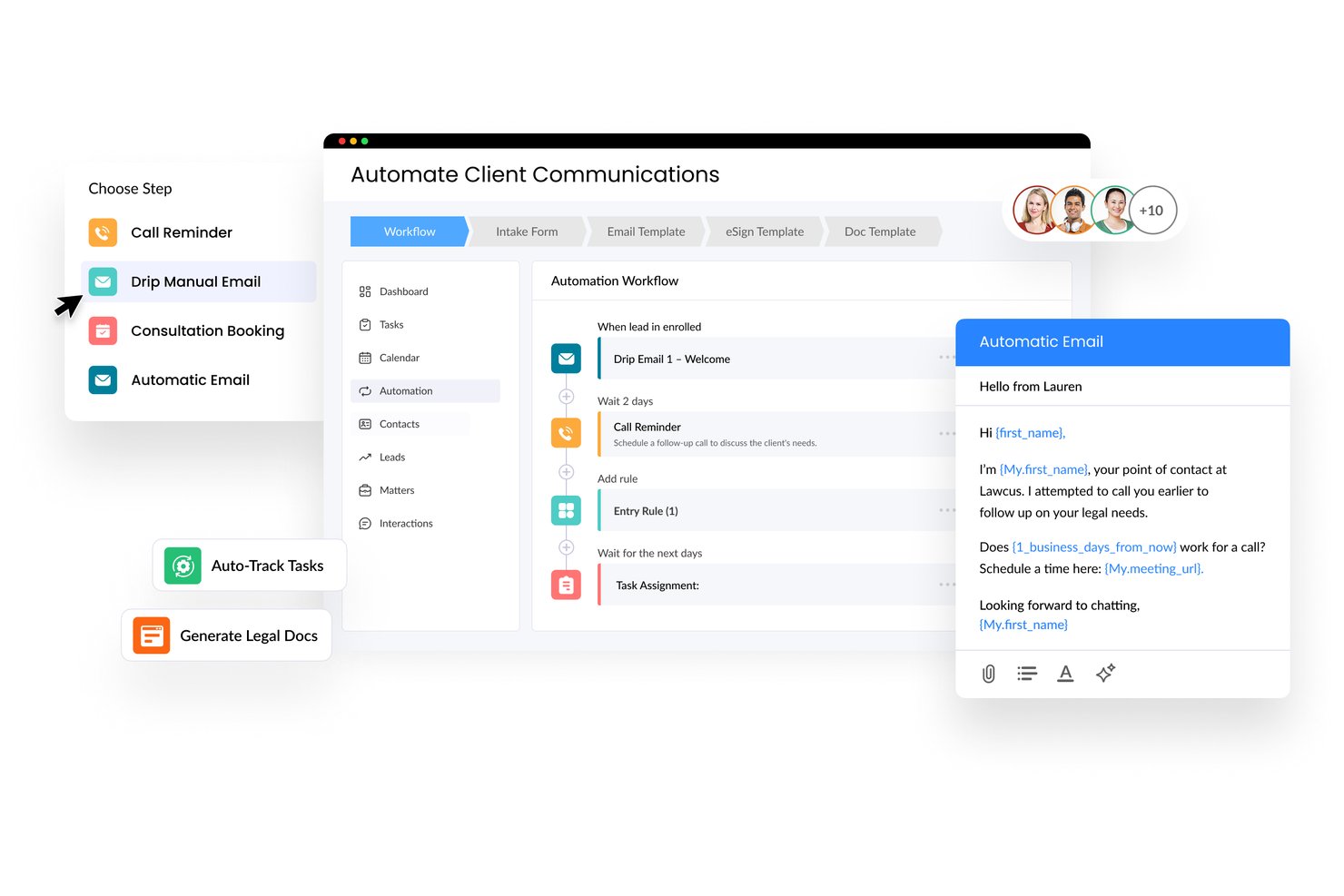 Die Benutzeroberfläche des Lawcus-Automatisierungsworkflows zeigt Drip-E-Mails, Anruferinnerungen und Aufgabenschritte.