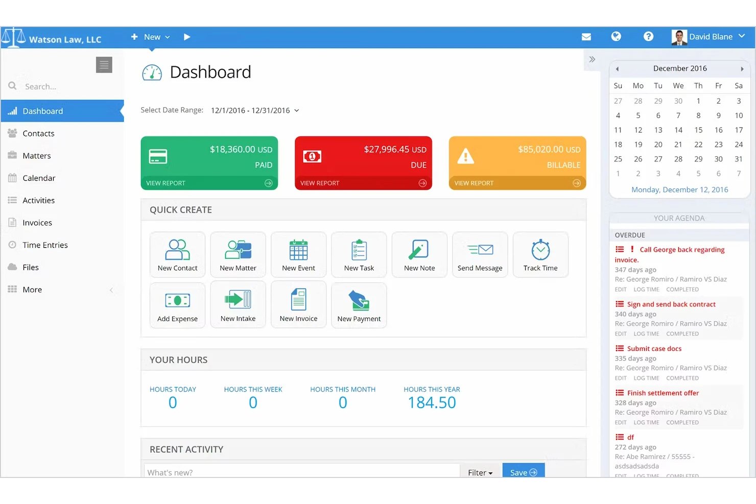 Dashboard di gestione di uno studio legale che mostra fatturazione, strumenti per la creazione rapida e agenda.