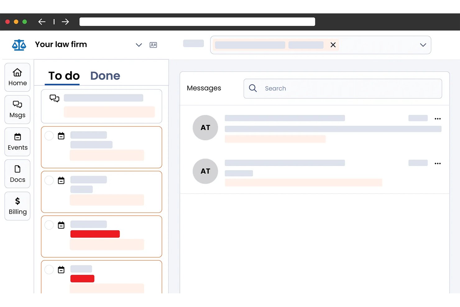 Dashboard dello studio legale Smokeball che mostra affiancati le attività Da fare e il pannello Messaggi.