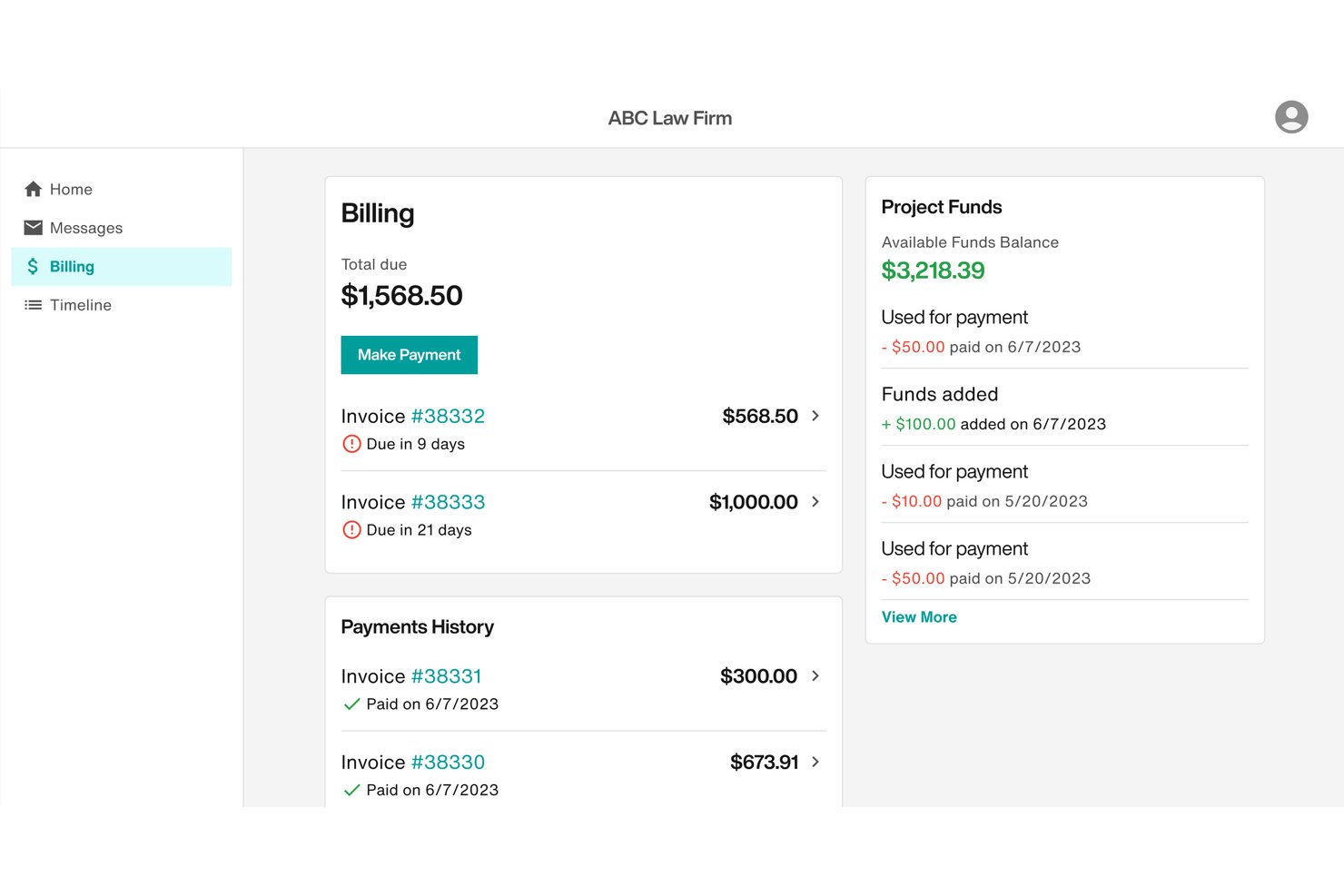 Pagina di fatturazione del portale clienti di Filevine con fatture, pulsante di pagamento e saldo dei fondi del progetto.