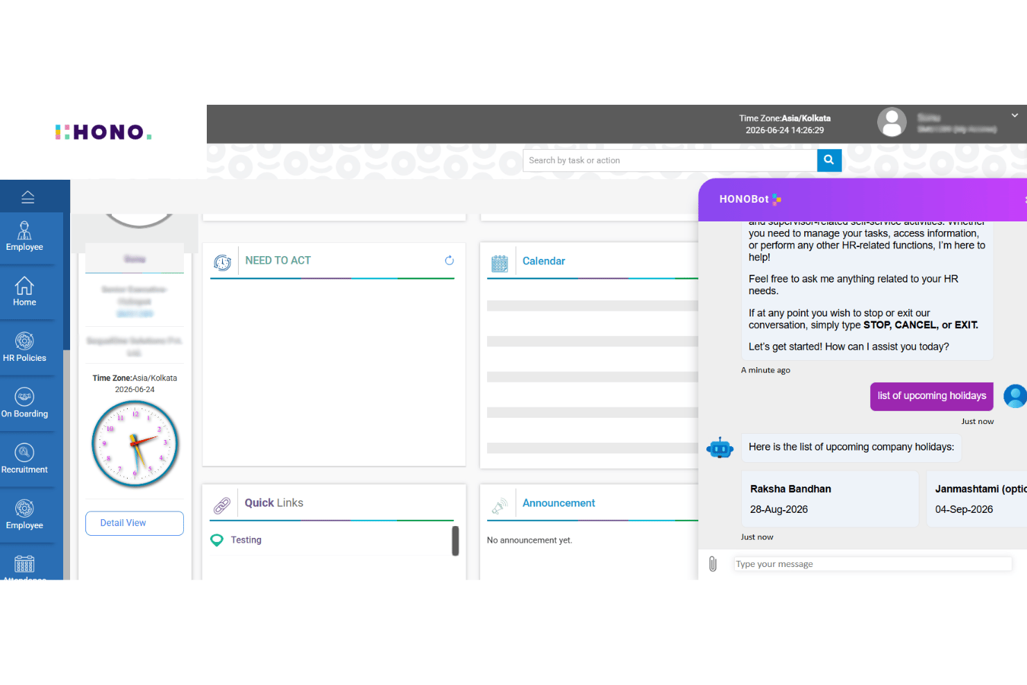 HONO HR dashboard with AI chatbot showing upcoming company holidays list.