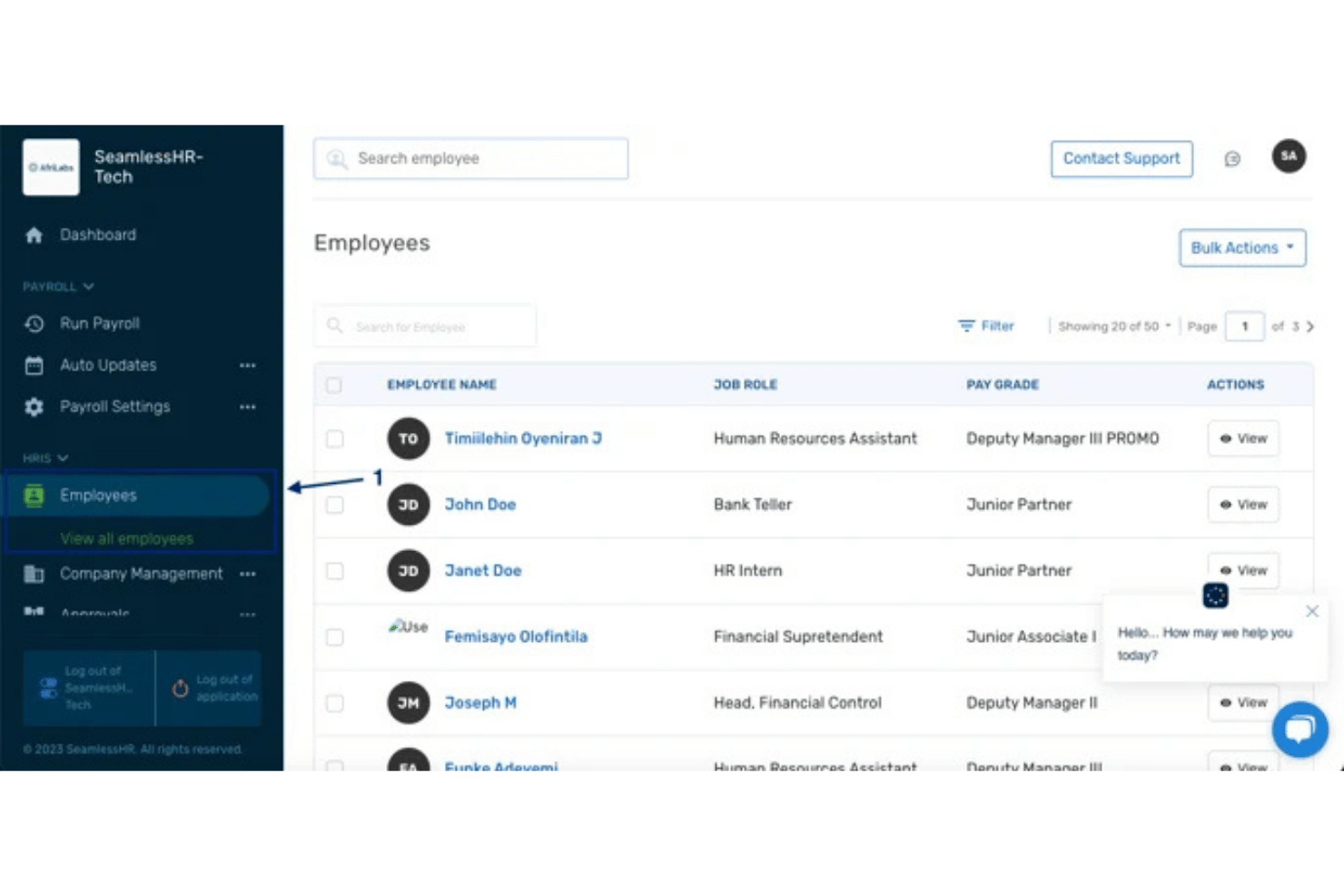SeamlessHR employee list showing names, job roles, and pay grades.