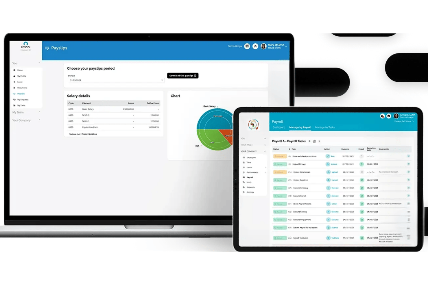 Laptop showing payslip details and tablet displaying payroll task dashboard.