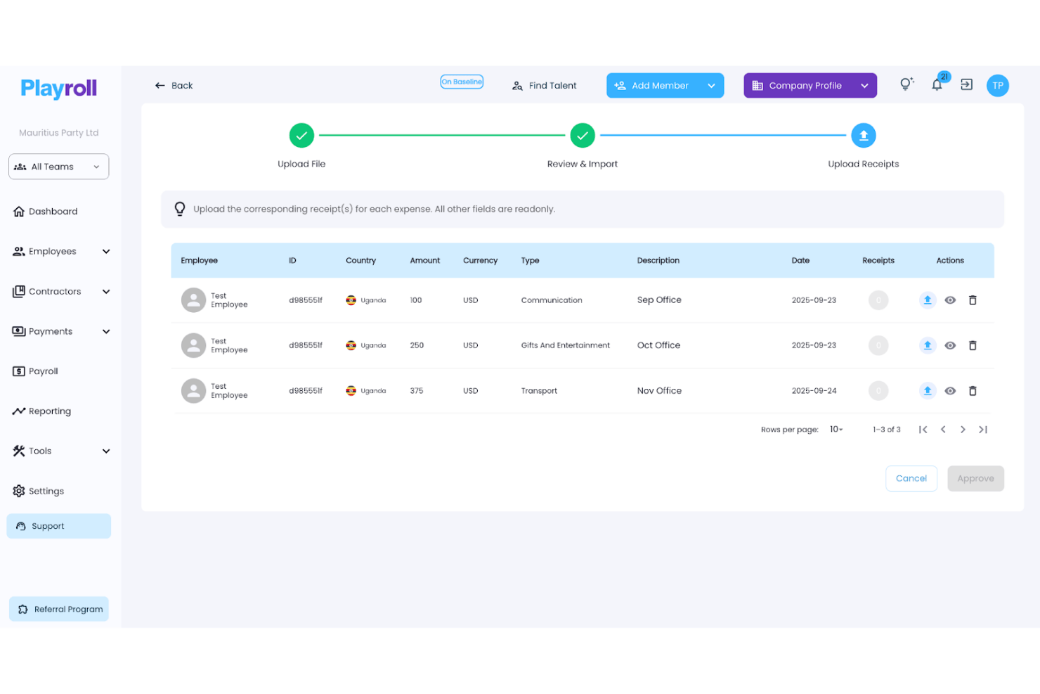 Playroll expense upload receipts step showing three employee expense entries with actions.