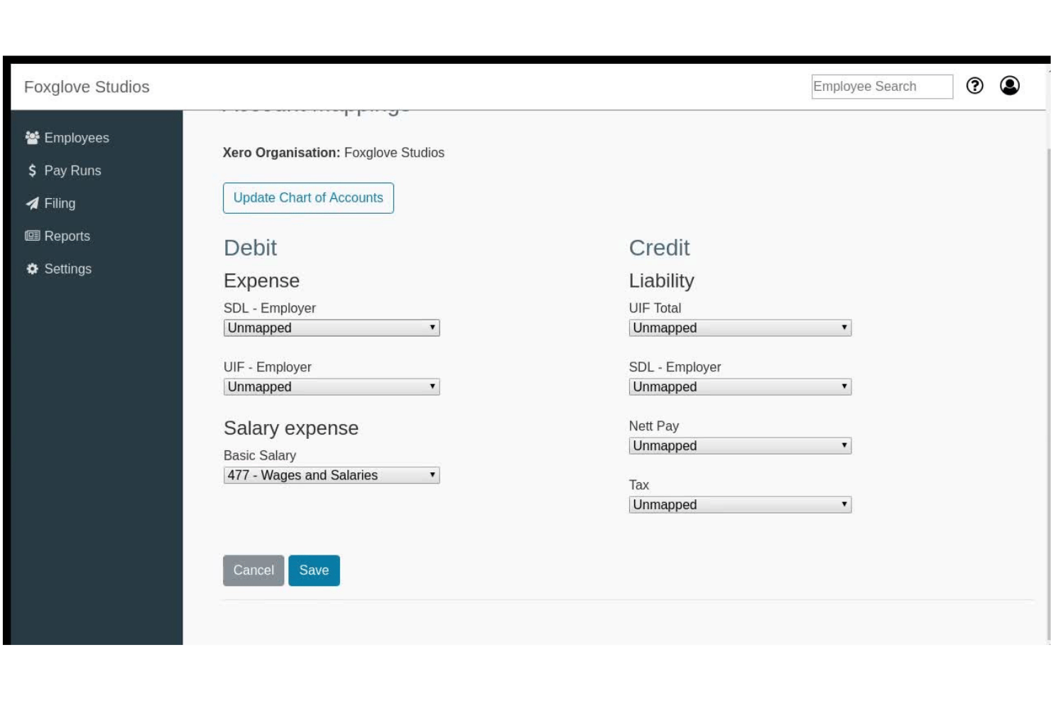 SimplePay account mappings page showing debit and credit fields linked to Xero.