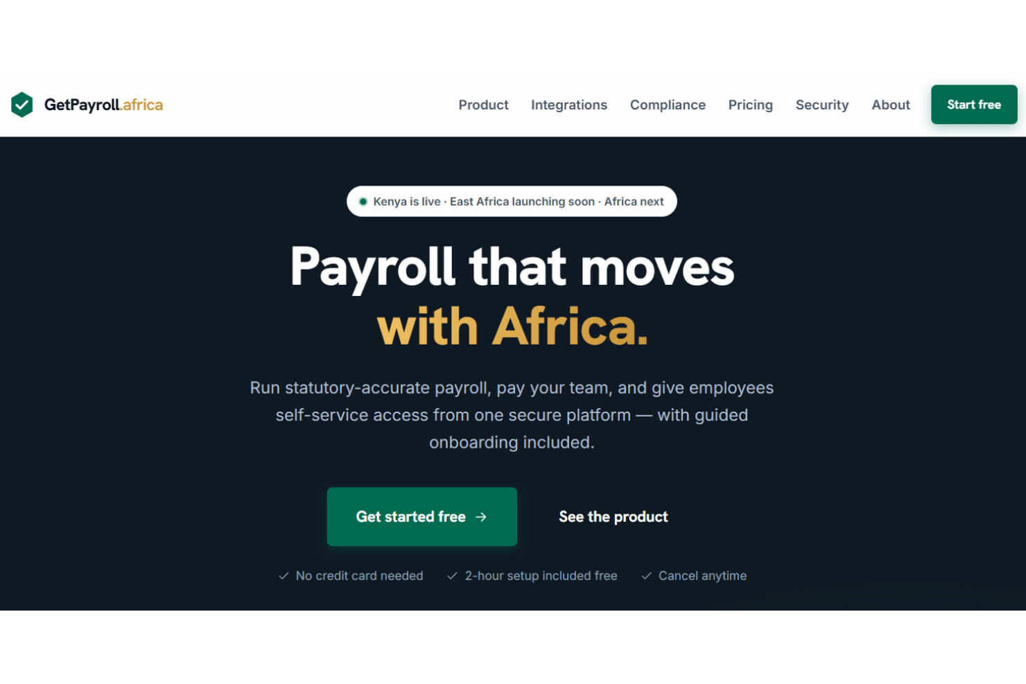 GetPayroll.africa homepage with dark hero section and 'Get started free' button.