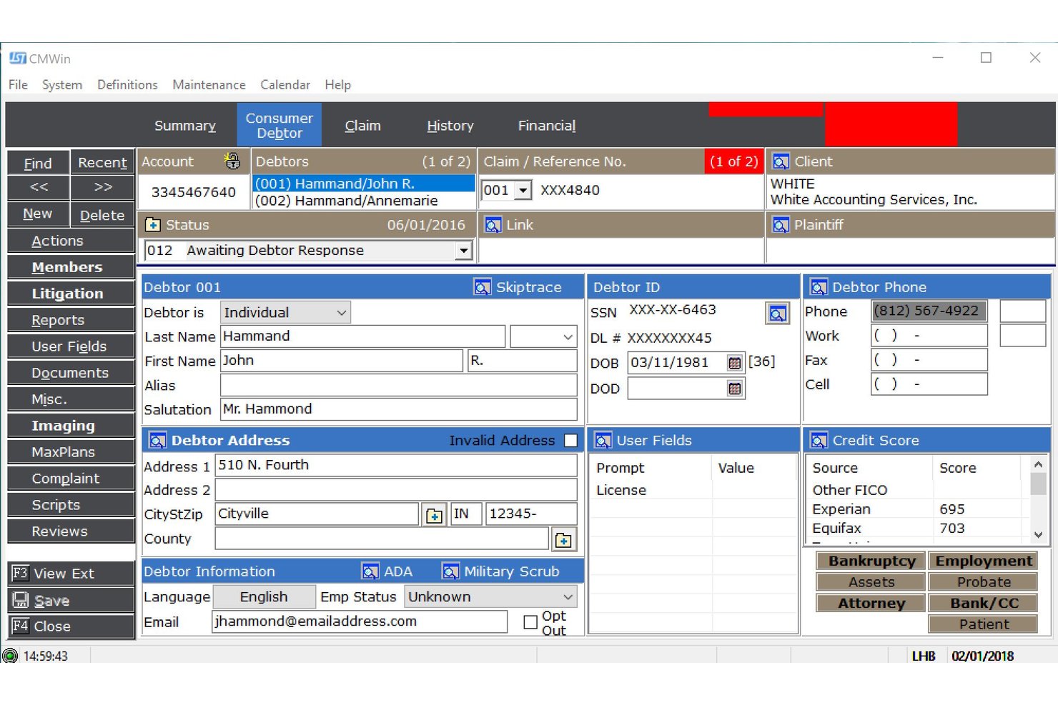 CMWin-software voor schuldinning met een formulier voor het schuldenaarprofiel met velden voor contactgegevens en kredietscore.