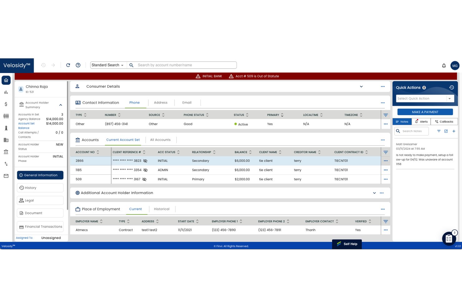 Finvi-incassosoftware Velosidy met dossiergegevens van consumenten en betalingsnotities.