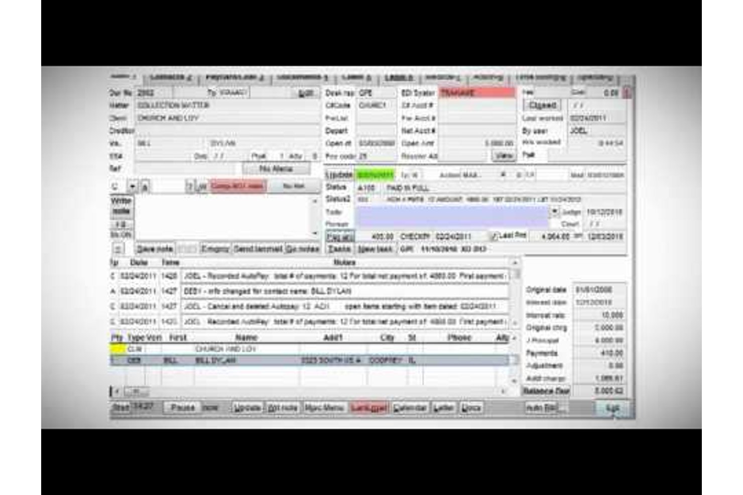 Software voor schuldincasso van Vertican met gegevens over rekeningen, betalingsgeschiedenis en zaaknotities.