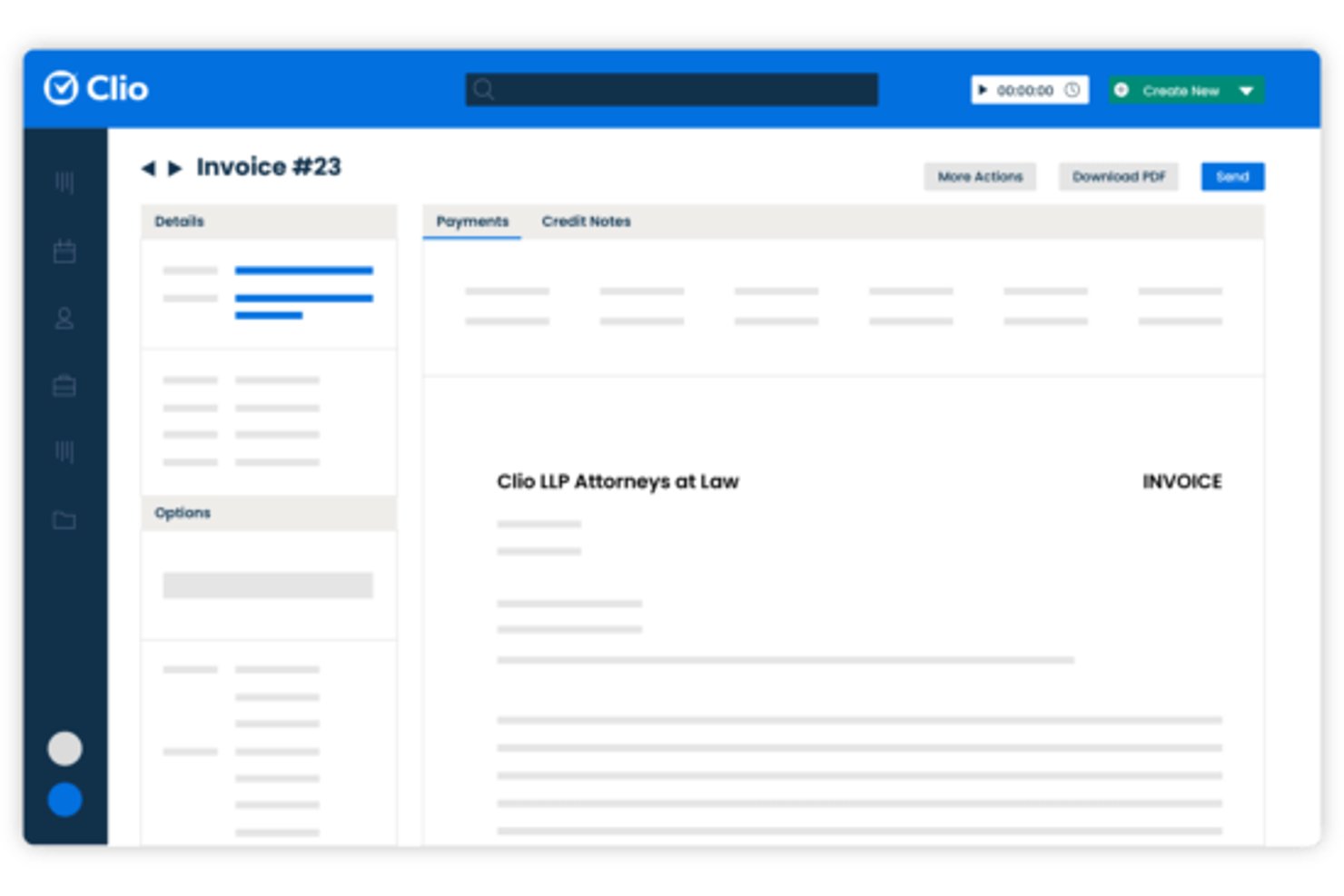 Factuurscherm van Clio met factureringsgegevens, tabblad met betalingen en optie om een pdf te downloaden.