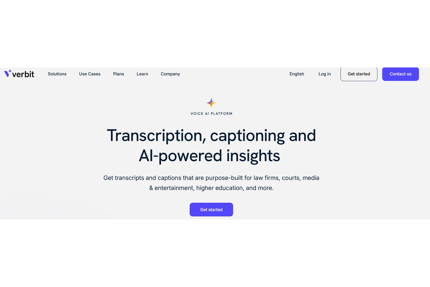 Verbit-Startseite mit einer Überschrift zu Transkription, Untertitelung und KI-gestützten Erkenntnissen.
