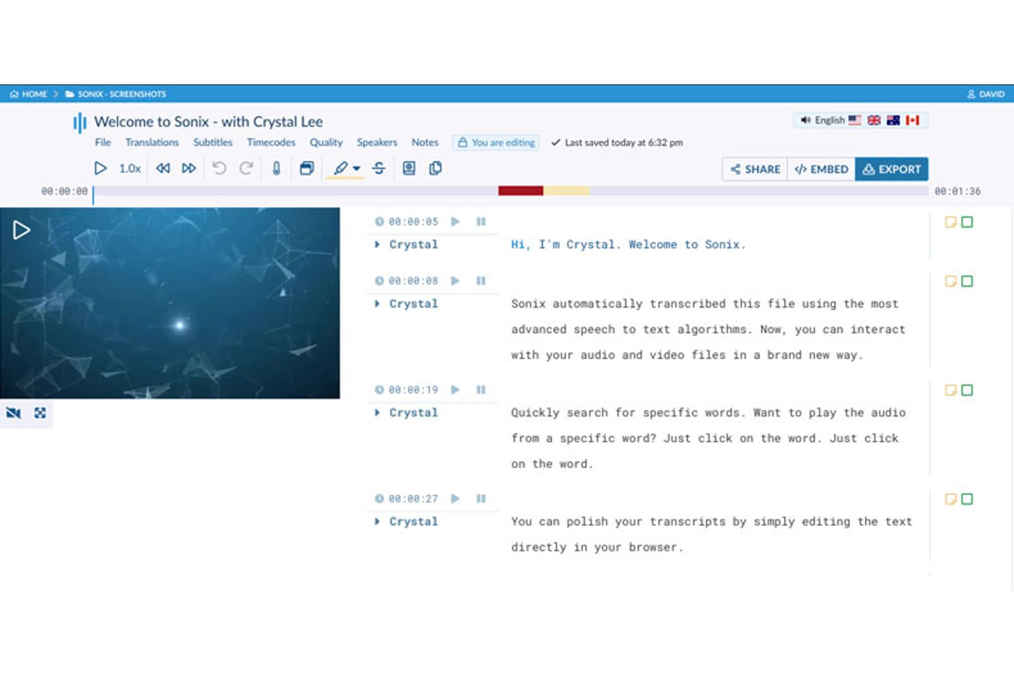 Sonix-Transkripteditor mit zeitgestempeltem Sprecherdialog und Wiedergabesteuerung.