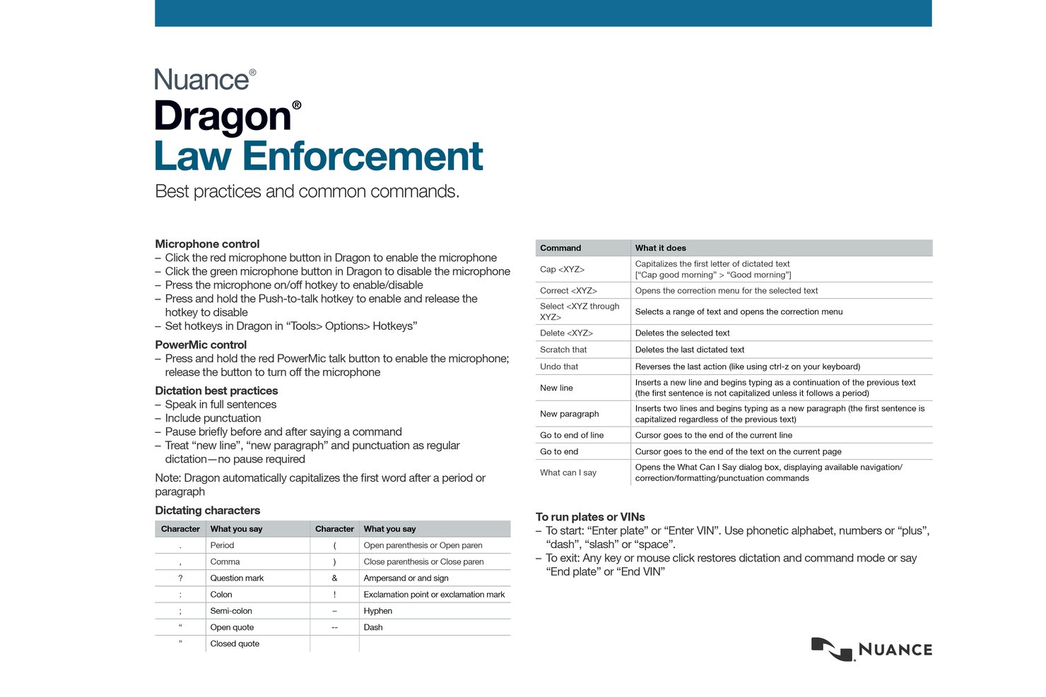 Referenzkarte für Sprachbefehle von Nuance Dragon für den Strafverfolgungsbereich mit bewährten Verfahren für das Diktieren.