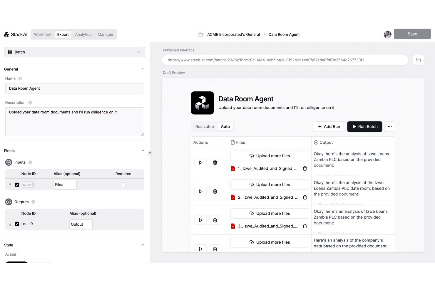 Stapelverarbeitungsoberfläche des Reducto-Datenraum-Agenten mit Dateiuploads und von der KI generierten Analyseergebnissen.