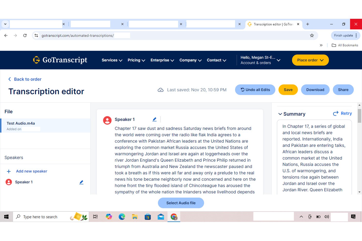 Transkriptionseditor von GoTranscript mit Sprechertext und Seitenleiste für die KI-Zusammenfassung.
