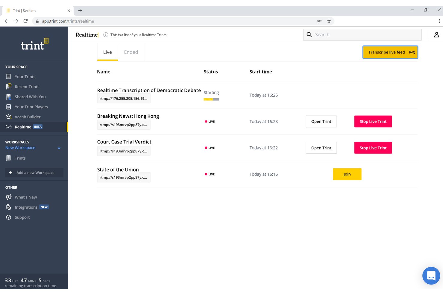 Trint-Echtzeit-Dashboard mit vier Live-Transkriptionsströmen und Statusanzeigen.