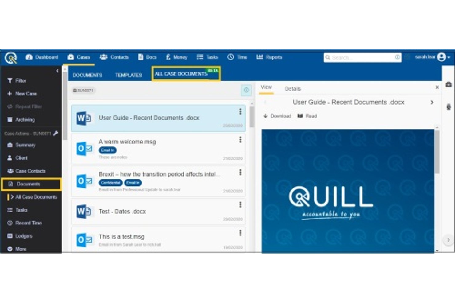 Quill-Rechtssoftware mit einer Liste von Falldokumenten und einem Vorschaufenster für Dokumente.