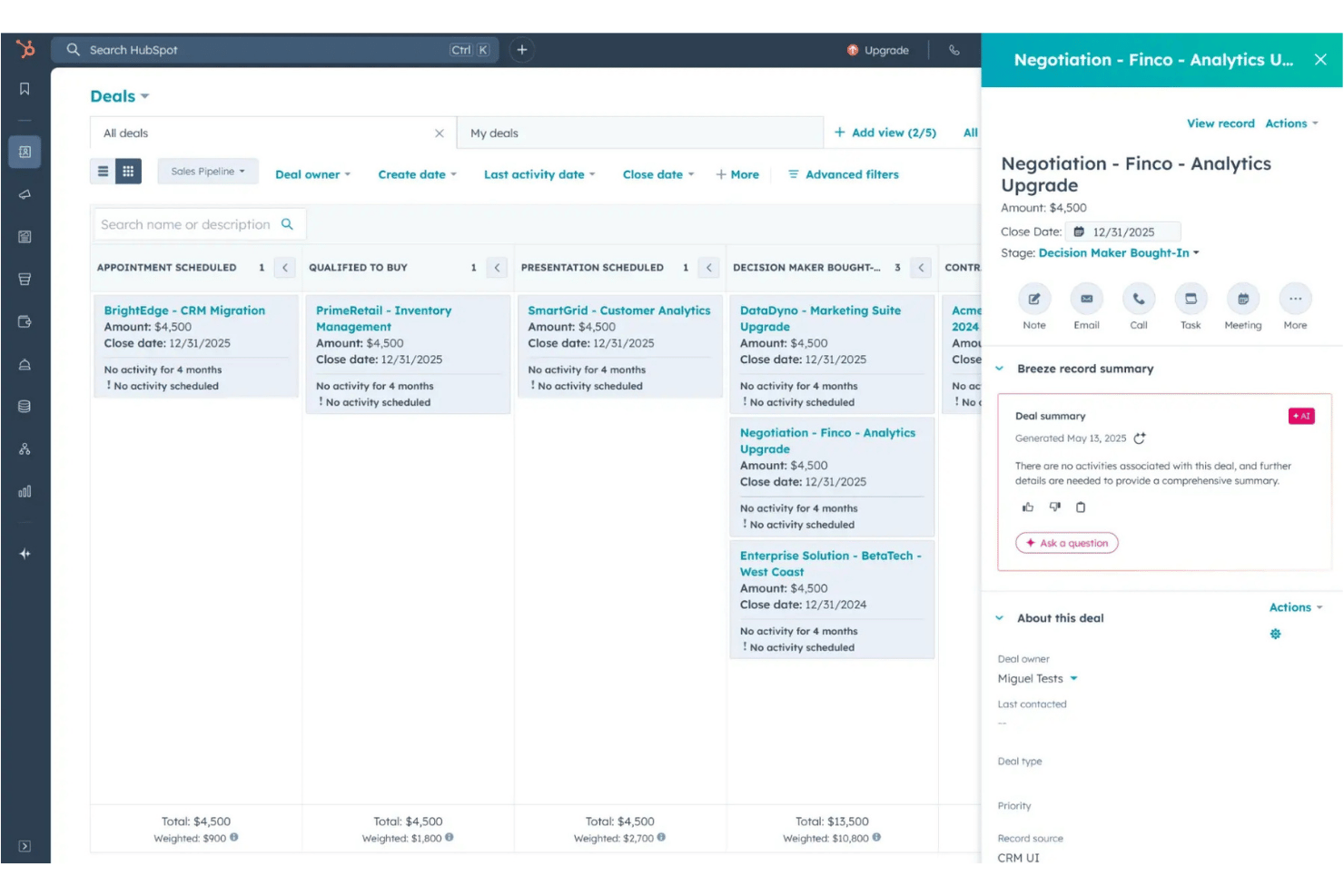 HubSpot CRM suit les contacts, les transactions, les e-mails et les communications avec les clients.