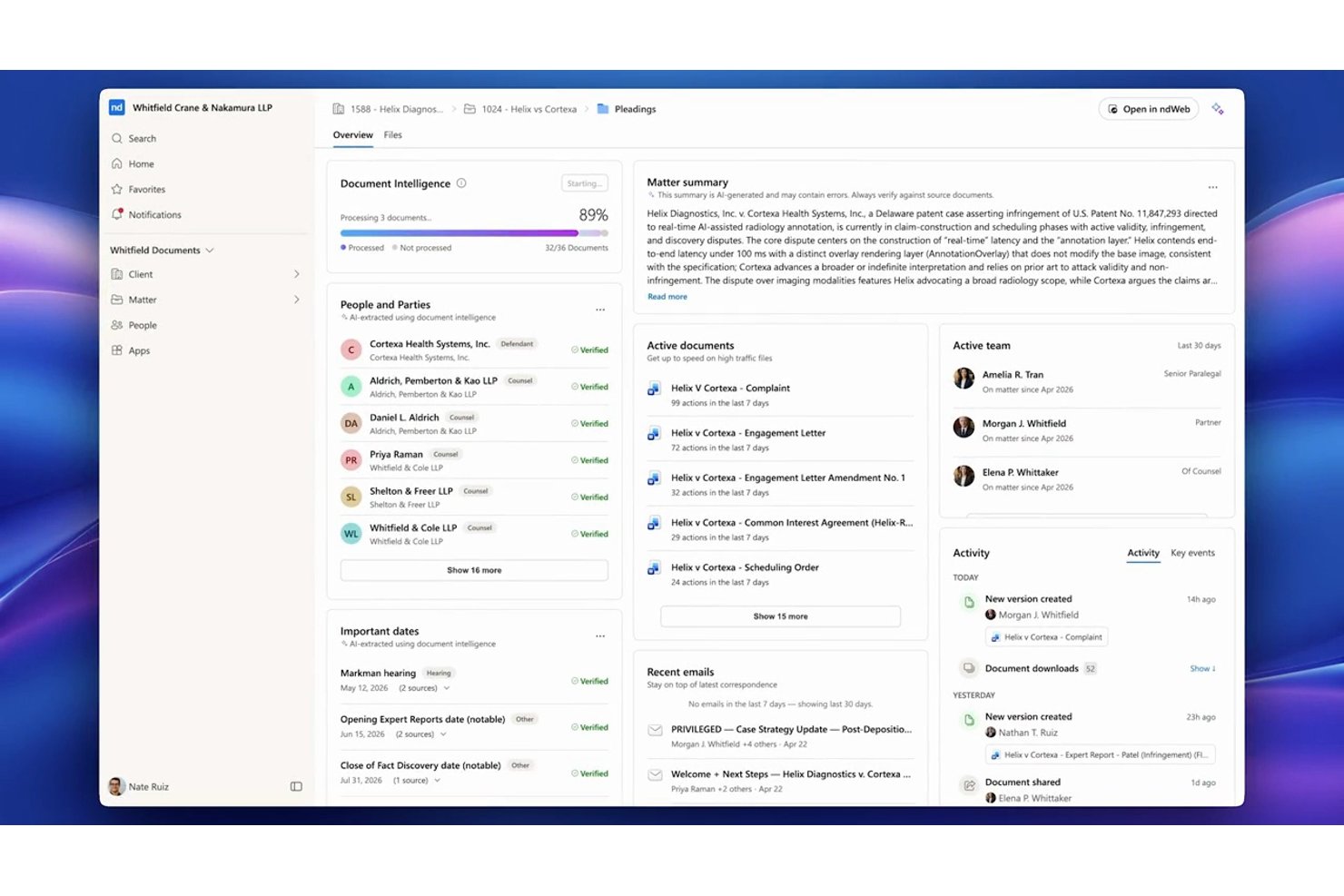 NetDocuments matter dashboard showing document intelligence, parties, dates, and active team.