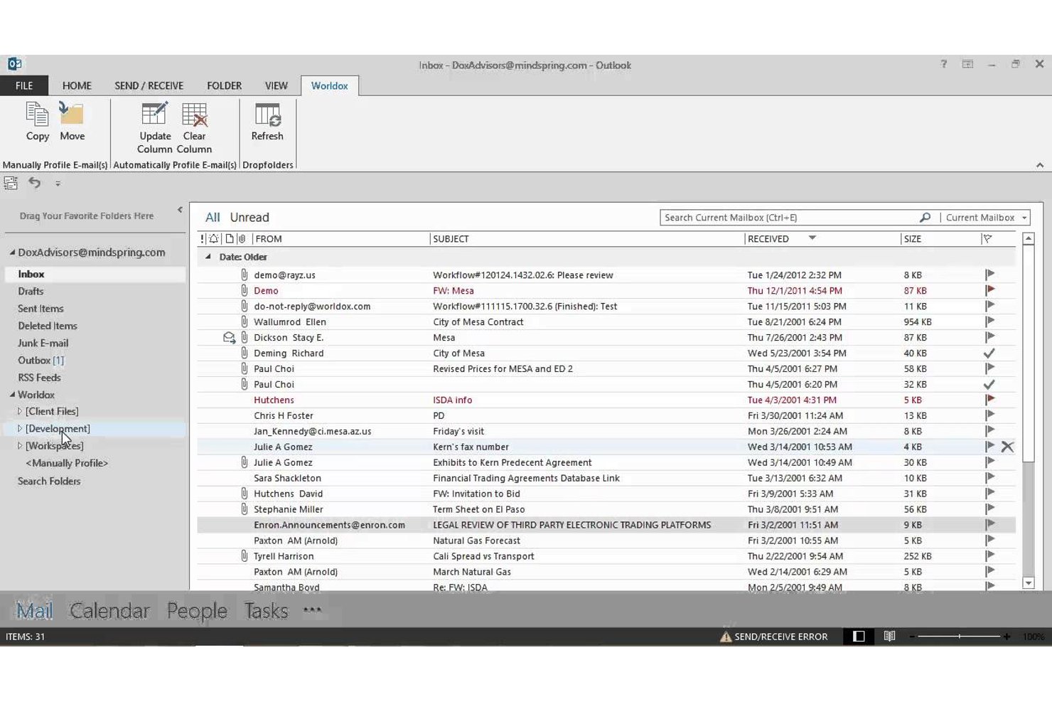 Worldox tab in Outlook inbox showing email list with filing options.