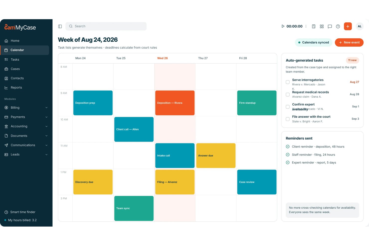 MyCase weekly calendar view showing auto-generated tasks and court deadlines