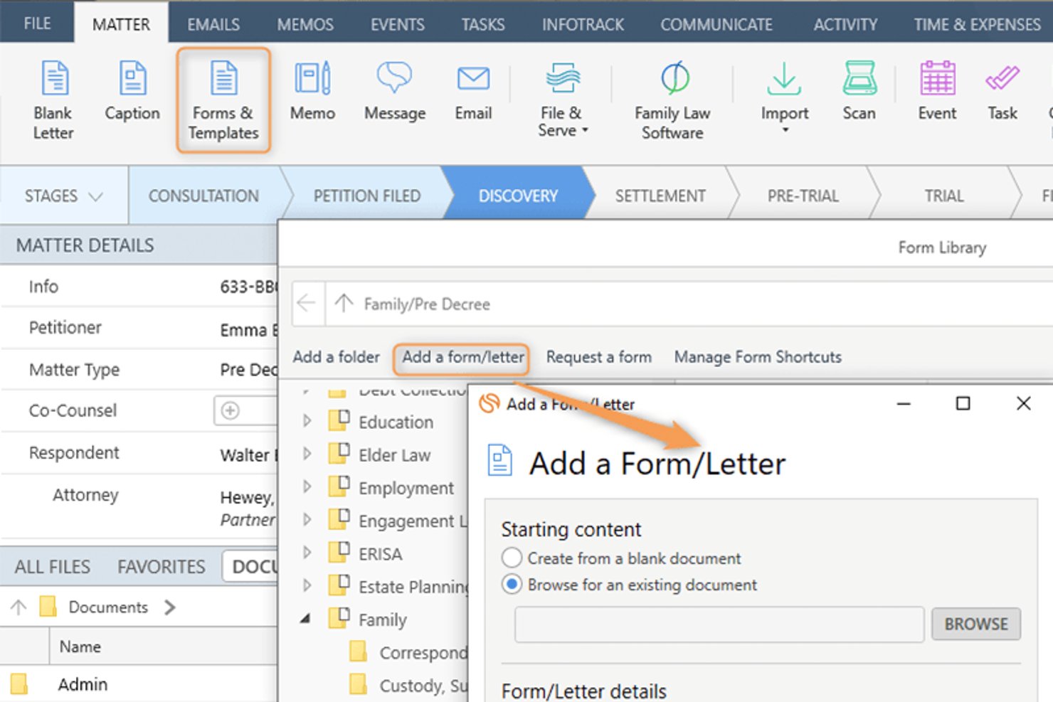 Smokeball UI showing Add a Form/Letter dialog with browse option selected.