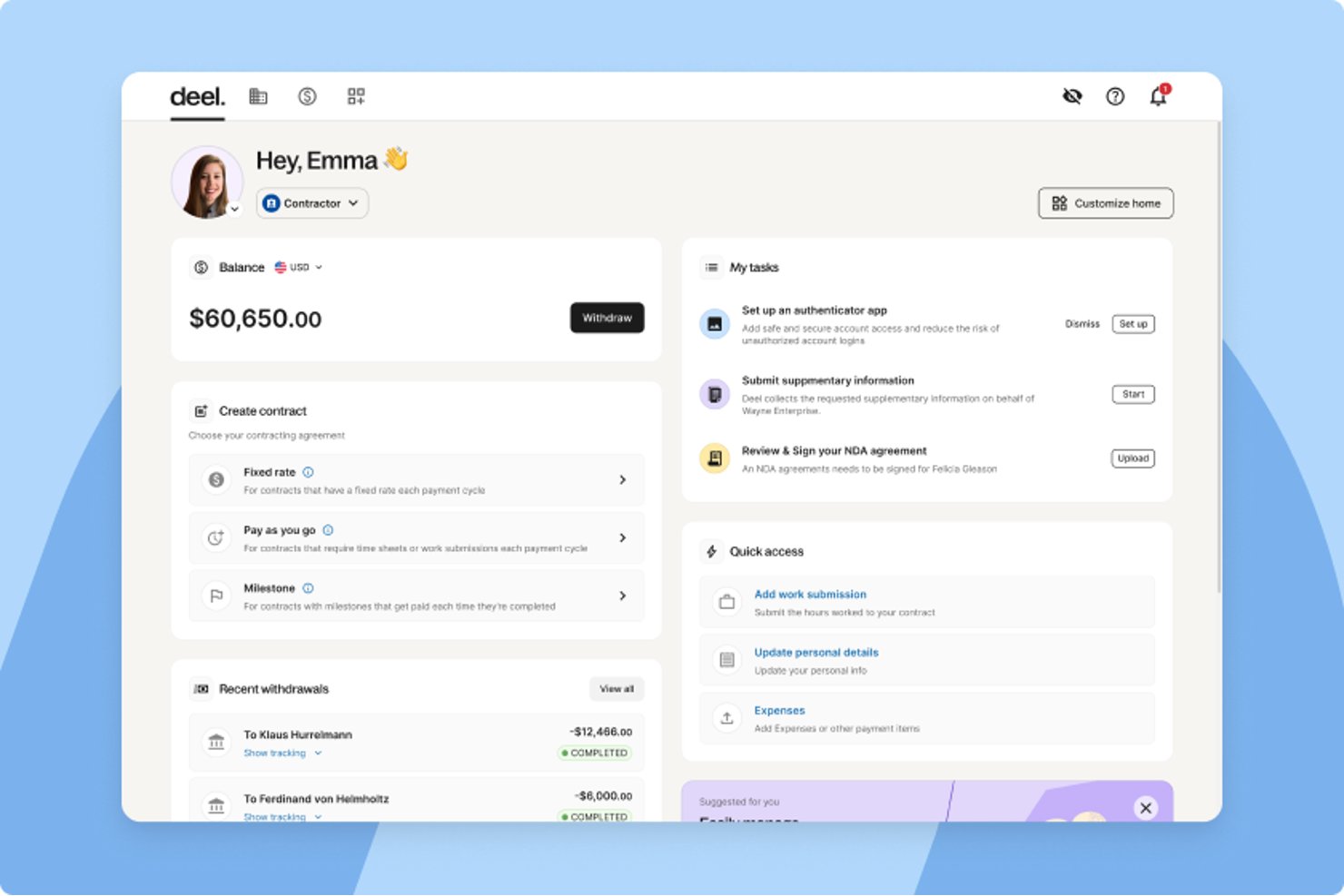 Dashboard van een Deel-zzp'er met saldo, contracttypen, opnames en taken.
