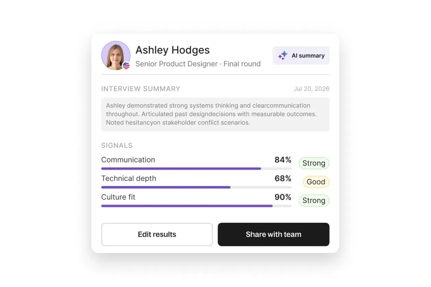 Deel Hire candidate interview summary card with AI signals and score bars.