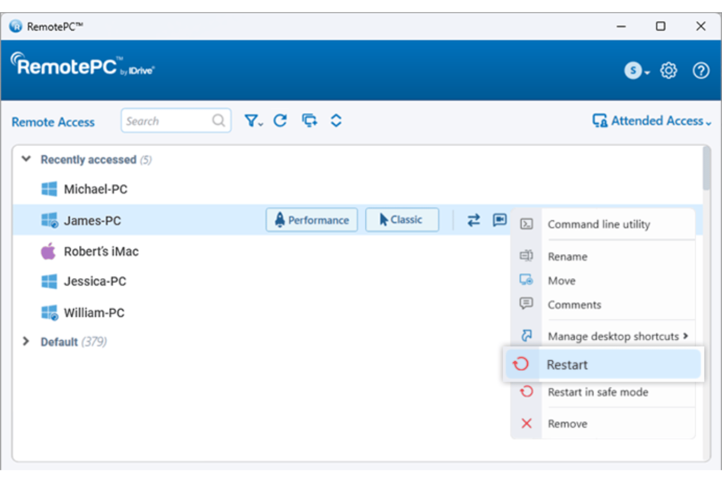 RemotePC dashboard showing context menu with Restart option highlighted for James-PC.