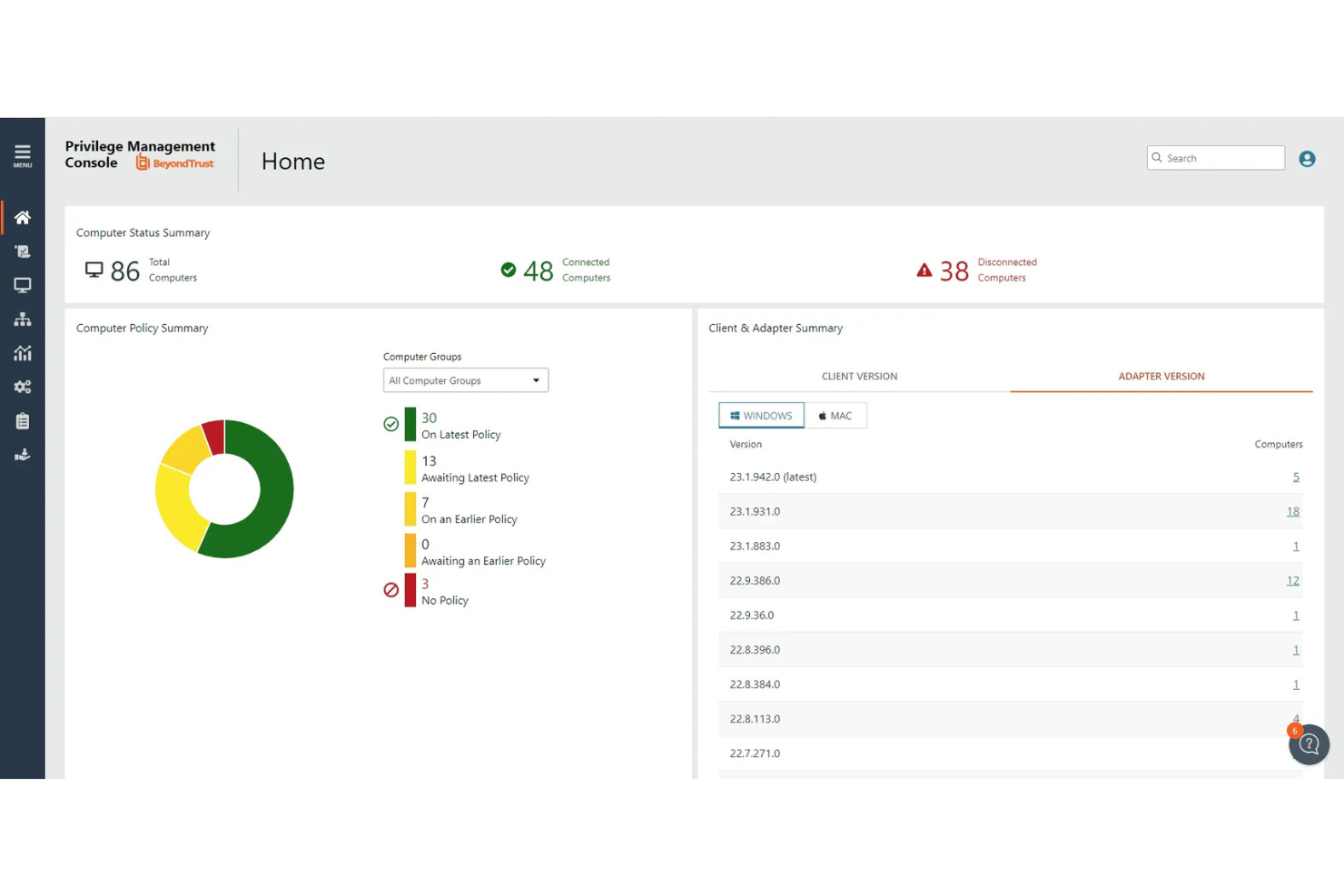 BeyondTrust Privilege Management Console home dashboard showing computer status and policy summary.