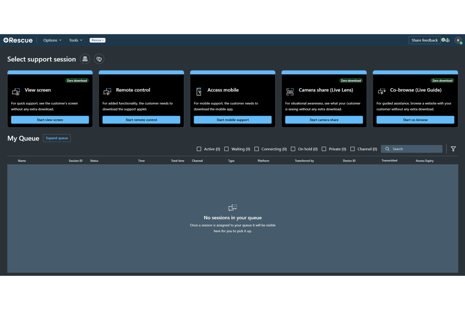 LogMeIn Rescue dashboard showing five support session options and an empty queue.