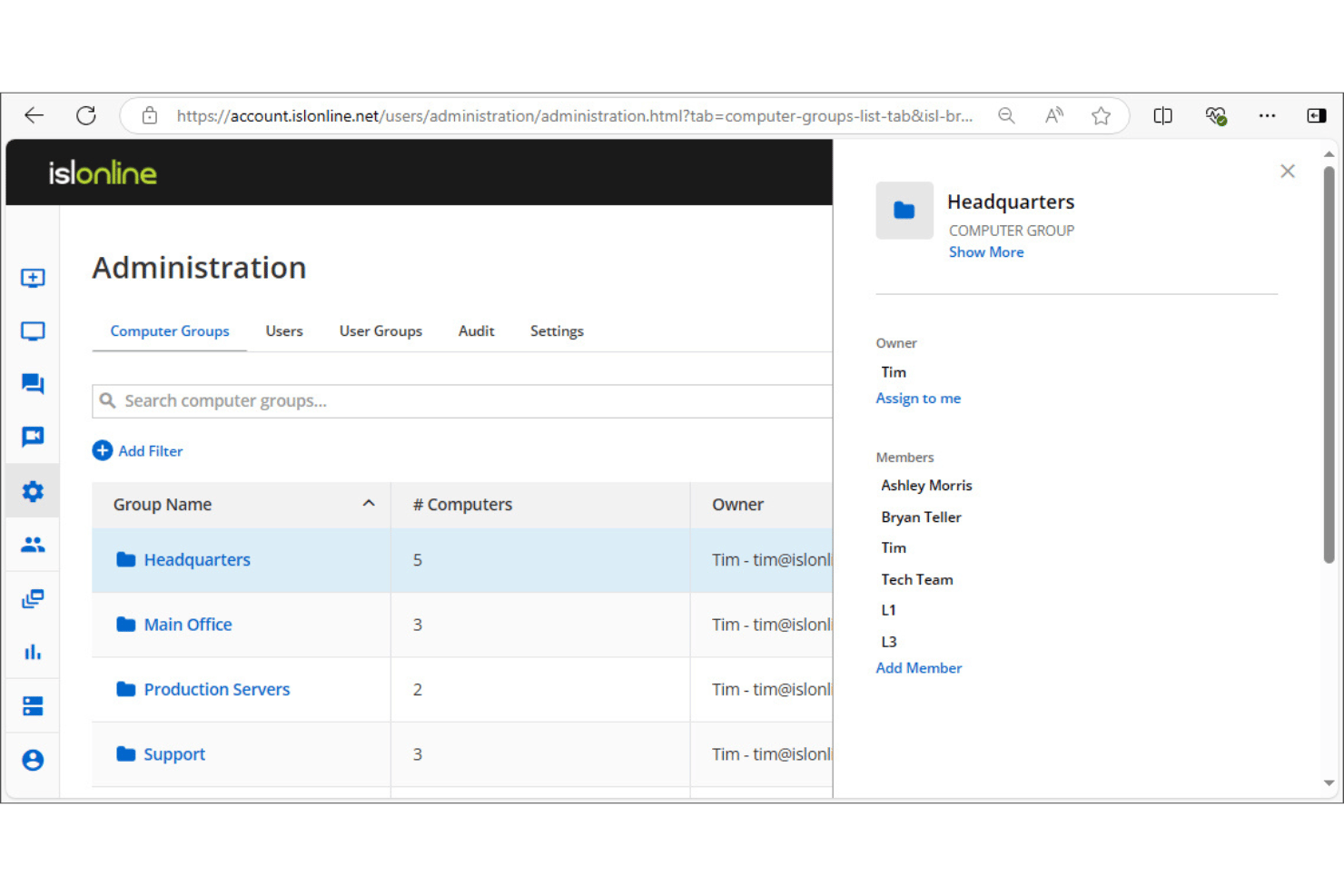 ISL Online admin panel showing computer groups list with member details sidebar.