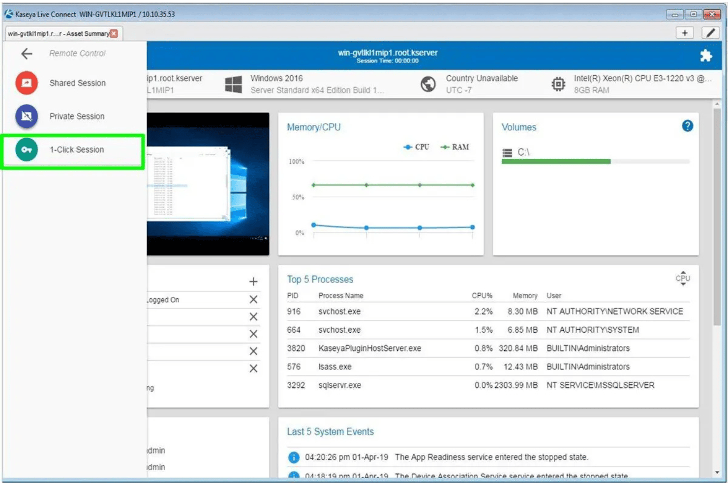 Kaseya Live Connect showing remote session options and system asset summary dashboard.