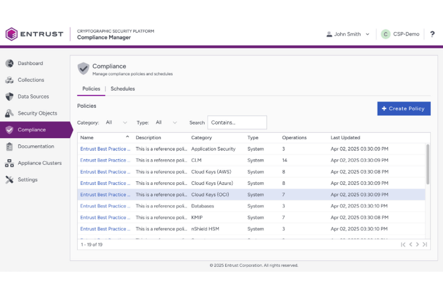 Entrust Compliance Manager showing a list of system compliance policies with categories and operations.