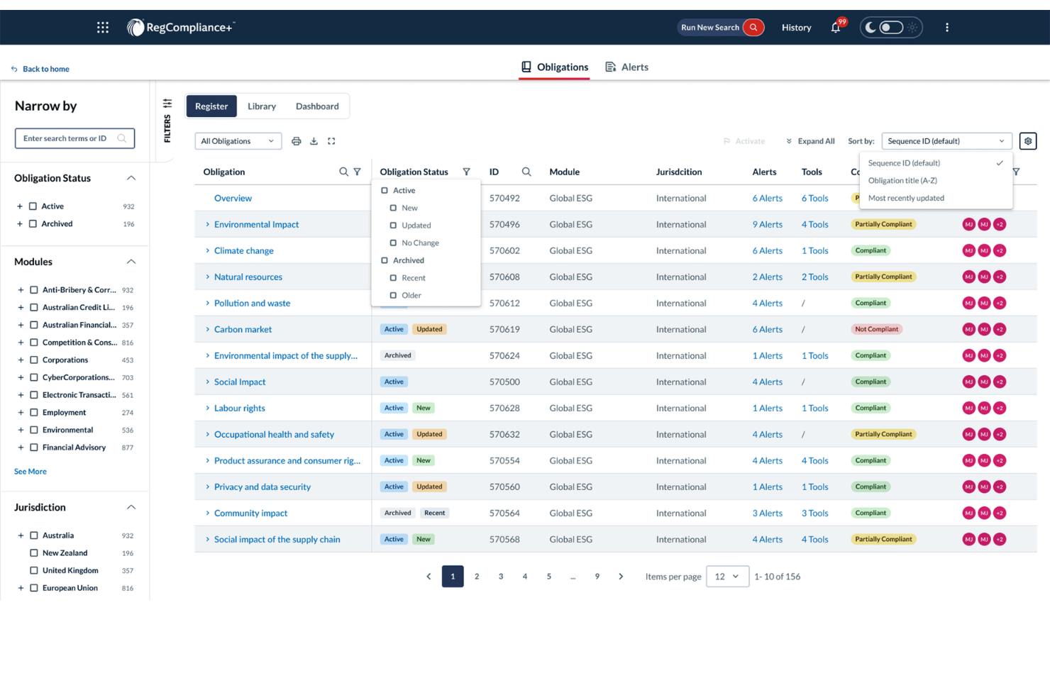 Compliance register showing ESG obligations list with status filters and sort options.