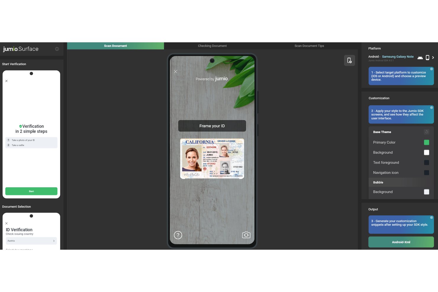 Jumio Surface tool showing mobile ID scan with California driver's license preview.