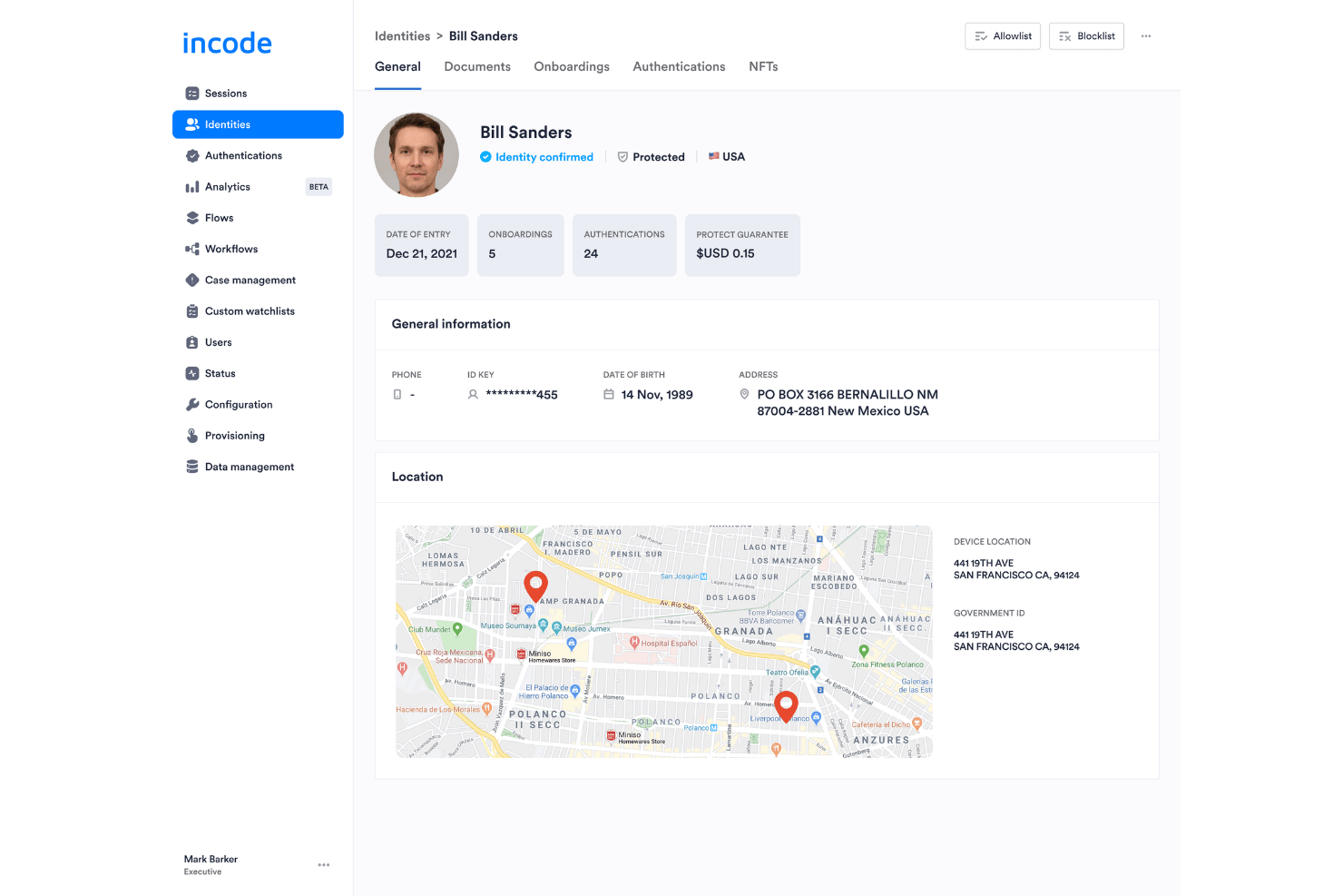 Incode dashboard showing Bill Sanders identity profile with location map and details.