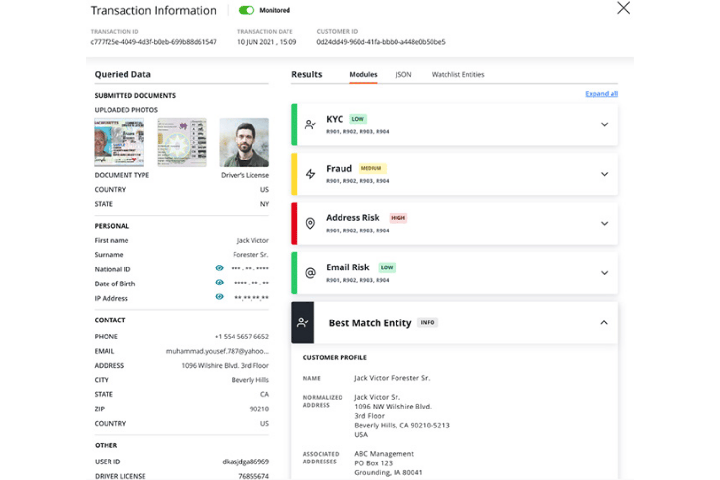 Transaction information panel showing KYC, fraud, address, and email risk scores.