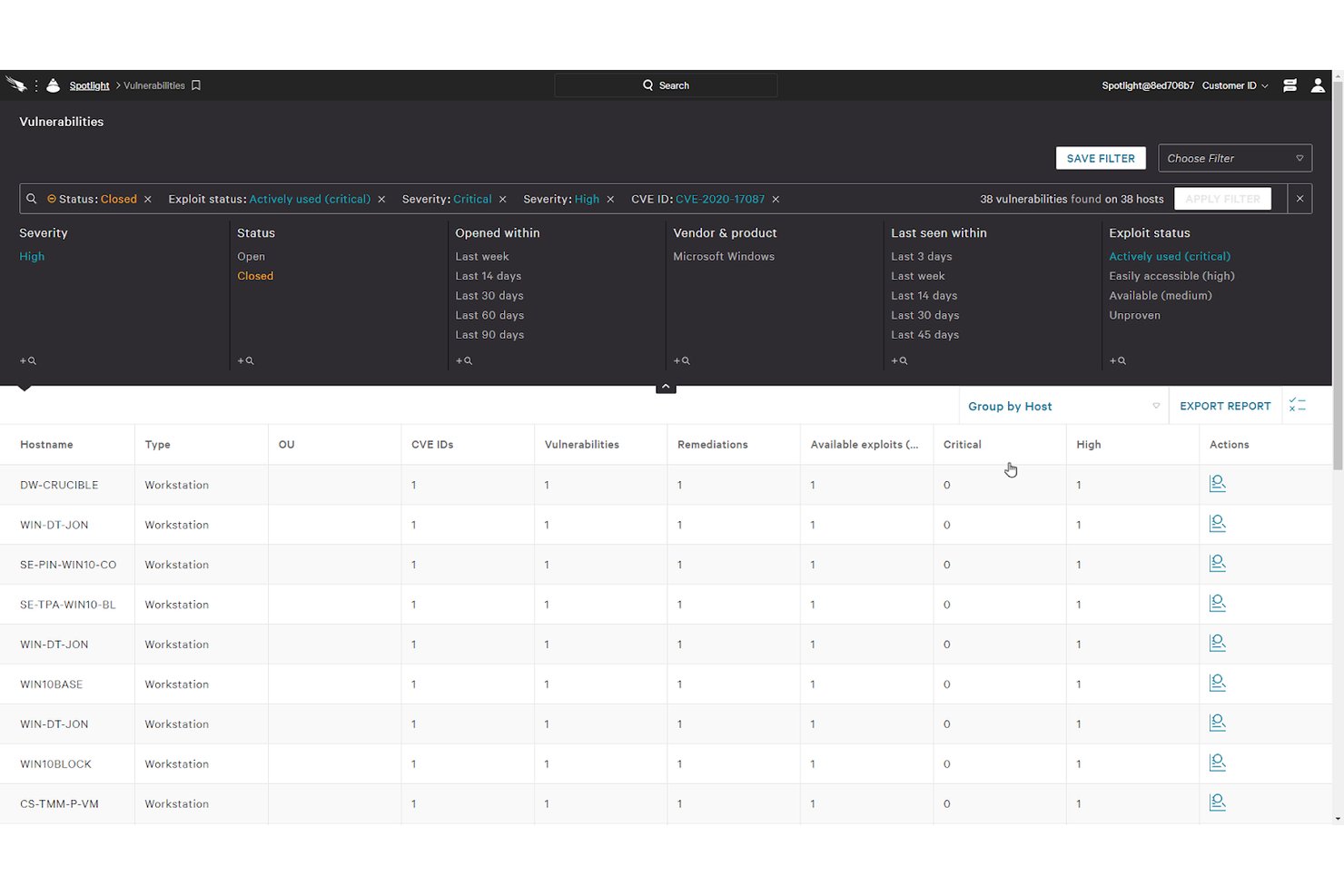 Panel de vulnerabilidades de CrowdStrike Falcon Spotlight filtrado por CVE-2020-17087 que muestra 38 hosts afectados.