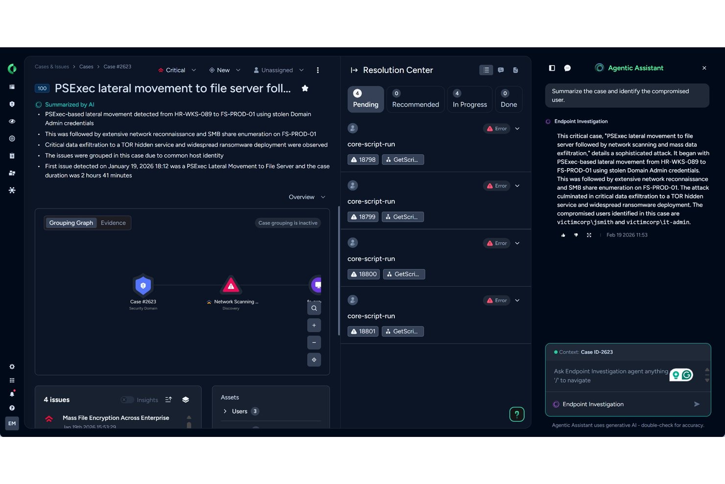 Cortex XDR case view showing PSExec lateral movement alert with AI-generated summary.
