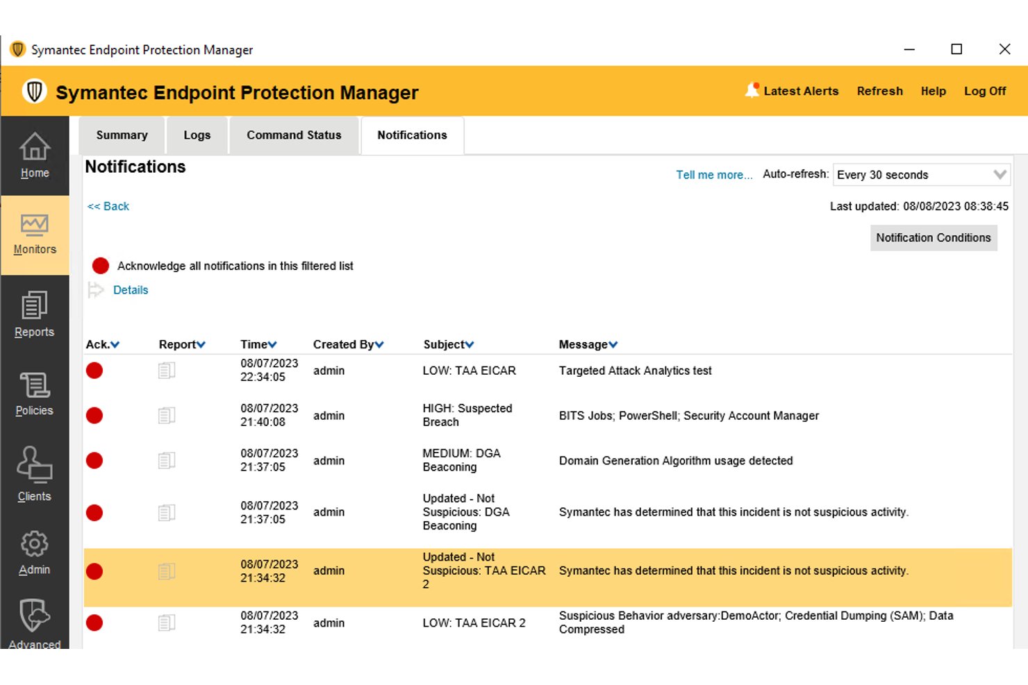 Symantec Endpoint Protection Manager notifications panel showing security alerts list.