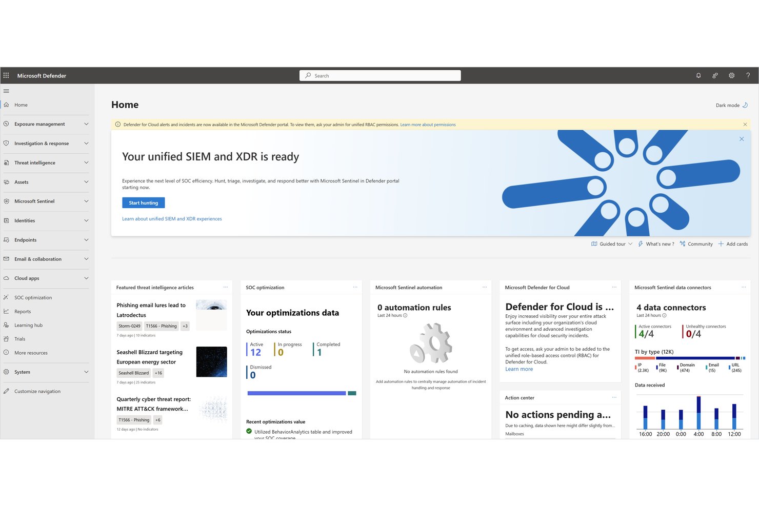 Microsoft Defender portal home dashboard showing SIEM, XDR, and SOC optimization cards.